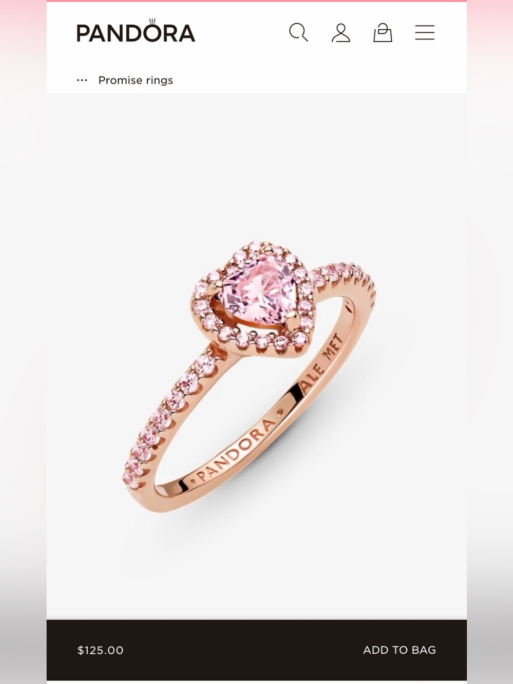 Pandora Rose Gold Sparkling Elevated Heart Ring size 6